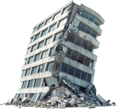 Earthquake-damaged building isolated on transparent background
