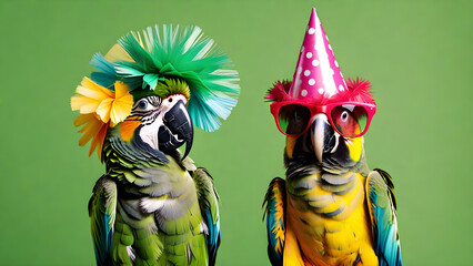 Party concept Cute parrot wearing party hat green background Generative AI