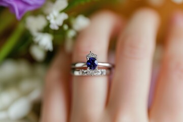 Obraz premium detail of a sapphire engagement ring on a persons finger, bouquet background