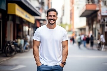 Portrait of a handsome young man in casual clothes standing in the street and smiling at the camera