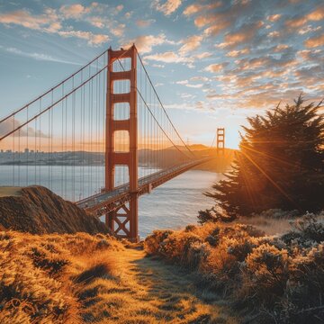 Iconic Landmark Bridge in Golden Light: A captivating shot of an iconic landmark bridge illuminated by the warm and golden light of the setting sun.