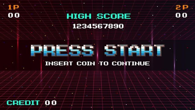 PRESS START INSERT A COIN TO CONTINUE . Synthwave wireframe net illustration. pixel art .8 bit game. retro game. for game assets .Retro Futurism Sci-Fi Background. glowing neon grid. and stars.