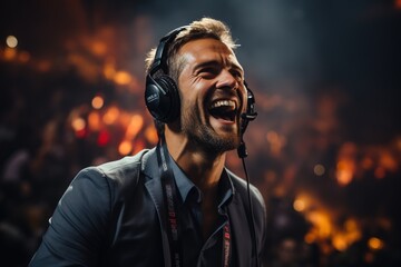 With energy and enthusiasm, a motivational speaker delivers a powerful message to the crowd while wearing a headset, igniting inspiration and motivation - obrazy, fototapety, plakaty