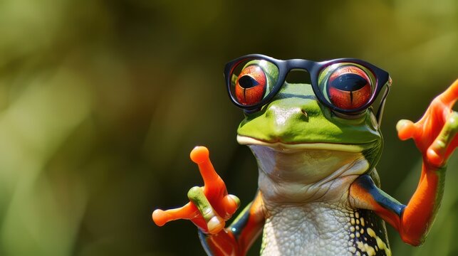 3D render of a cute green frog wearing sunglasses and pointing fingers, ideal for an animal-themed banner background for Leap Year or Leap Day celebration on February 29th