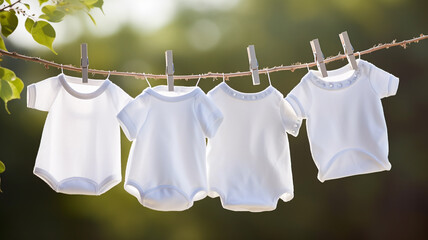 white baby clothes hanging on rope outdoors - 741515977
