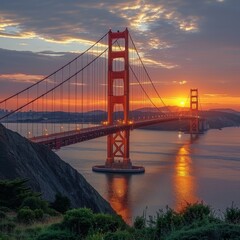 Obraz premium Iconic Landmark Bridge in Golden Light: A captivating shot of an iconic landmark bridge illuminated by the warm and golden light of the setting sun.