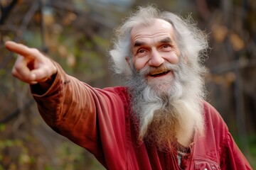 bearded old man pointing with a mischievous smirk