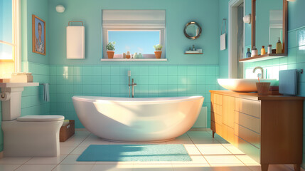 Fototapeta na wymiar Luxurious Bathroom Interior with Tiled Walls, Bathtub, and Modern Fixtures in a Clean and Elegant Home Setting,generative AI