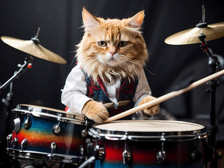 Fototapeta na wymiar Beautiful cat dressed like a person with drums