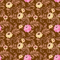 Beautiful ornament flowers design on brown color background seamless pattern. This pattern can be used fro fabric textile wallpaper.