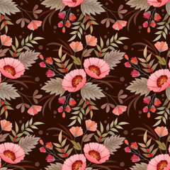 Beautiful flowers design on brown color background seamless pattern. This pattern can be used fro fabric textile wallpaper.