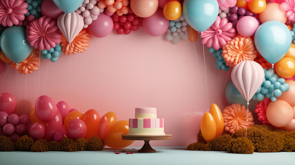 Fototapeta na wymiar birthday cake on pink background with confetti, balloons