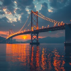 Fototapeta premium Iconic Landmark Bridge in Golden Light: A captivating shot of an iconic landmark bridge illuminated by the warm and golden light of the setting sun.