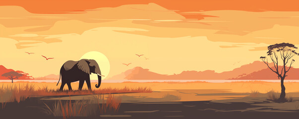 Fototapeta premium Elephant on a beautiful African savanna landscape at sunset, panoramic view, illustration generated by ai 