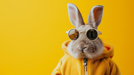 Cool cute easter bunny, rabbit with sunglasses and jogging suit with rabbit ears, isolated on yellow background - obrazy, fototapety, plakaty