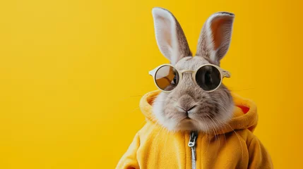 Foto op Canvas Cool cute easter bunny, rabbit with sunglasses and jogging suit with rabbit ears, isolated on yellow background © Katrin_Primak