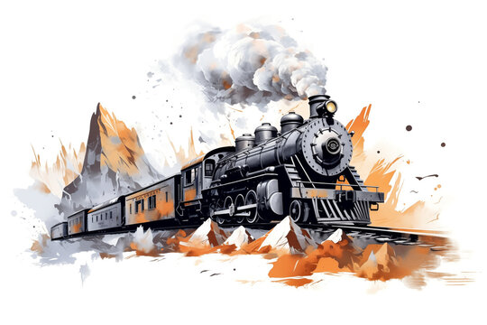 Vintage train with steam engine isolated on white, illustration generated by AI
