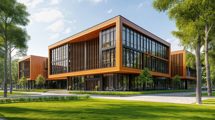 exterior of a large modern style building with wood trim and large glass windows - obrazy, fototapety, plakaty