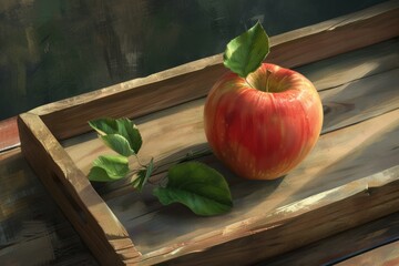 Painting of an Apple on a Wooden Tray