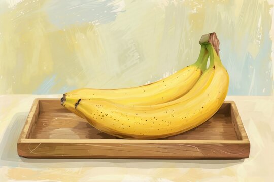 A Painting of a Bunch of Bananas on a Wooden Tray