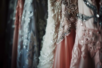 closeup of beaded and lace details on evening dresses hanging on a rack