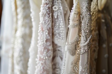 closeup of beaded and lace details on evening dresses hanging on a rack