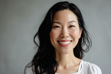 Beautiful confident Asian woman of middle age posing for portrait. Pretty mature adult lady model from Asia looking at camera smiling on background advertising products and services. Close up face .