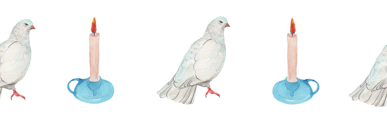 Watercolor candle and pigeon border.Christian seamless border. Hand painted illustration on white backround.