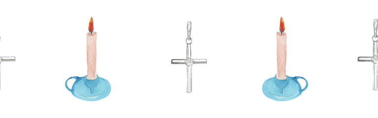 Watercolor candle and  cross border.Christian seamless border. Hand painted illustration on white backround.