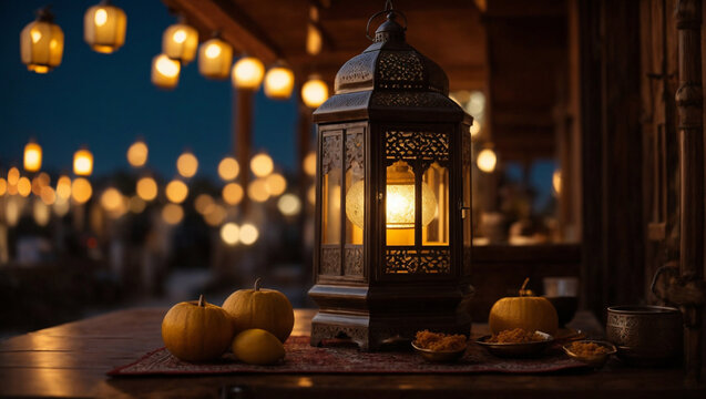 Celebration of ramadan kareem with a wonderful table of lantern and meals muslim arabic culture