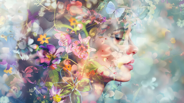 Double Exposure Of Woman With Nature Spring, Blossoms and Flowers. Nature, Relaxation and Meditation Background