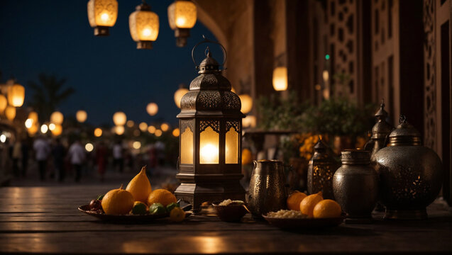 Celebration of ramadan kareem with a wonderful table of lantern and meals muslim arabic culture