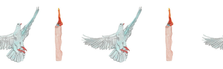 Fototapeta premium Watercolor candle and pigeon border.Christian seamless border. Hand painted illustration on white backround.