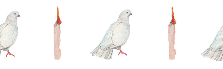 Watercolor candle and pigeon border.Christian seamless border. Hand painted illustration on white backround.