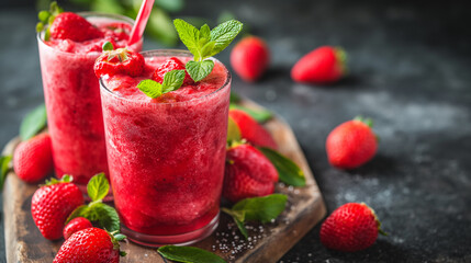 Strawberry smoothie cocktail in a glass with berries