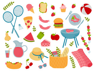 Colorful picnic Set Illustrations. Vegetables And Fruits, Bakery, Sandwiches, Picnic Basket, Barbecue isolated vector set.