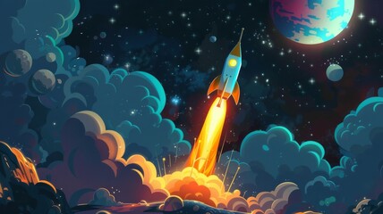 Obraz na płótnie Canvas Intergalactic Space Mission Launch - Rocket ascending against a backdrop of distant planets