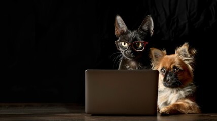 Pets Collaborating on Work - A cat and dog team focused on a laptop screen, comical concept