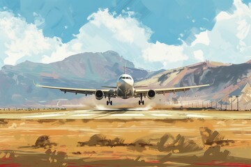 A Painting of a Plane Taking Off From an Airport - obrazy, fototapety, plakaty
