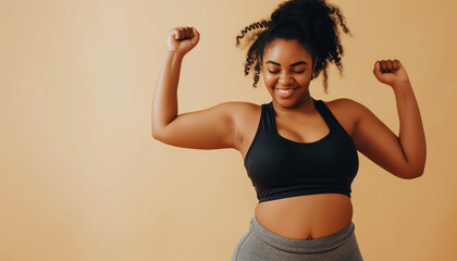 Curvy black woman doing funny movements in a dance workout, beige background - obrazy, fototapety, plakaty