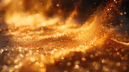 Golden glowing macro dust background. Selective focus. Copy space. Colourful background  - obrazy, fototapety, plakaty