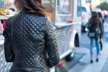 woman in a quilted leather jacket waiting in line at a food truck