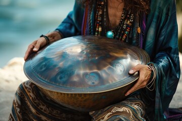 Close up of a woman playing a Tibetan singing bowl on the beach