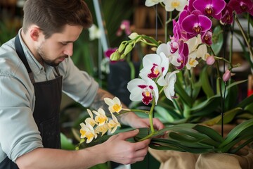 male florist arranging a batch of exotic orchids