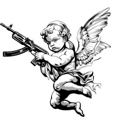 Silhouette of angel holding gun isolated on transparent background. PNG
