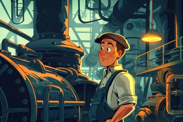 A Man Standing in Front of a Steam Engine - obrazy, fototapety, plakaty