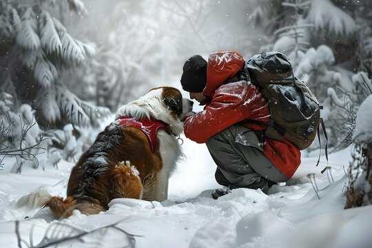 Man and Dog Sharing a Moment in the Snow