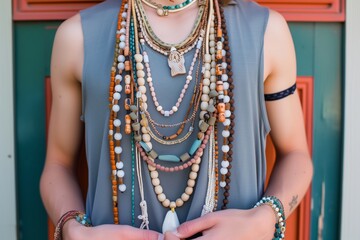 person layering boho necklaces of various lengths and beads