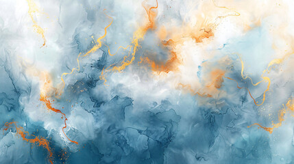 abstract watercolor painting with gold, orange and blue, in the style of ethereal cloudscapes,...