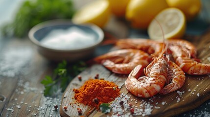 Seafood preparation with spices on a timber surface